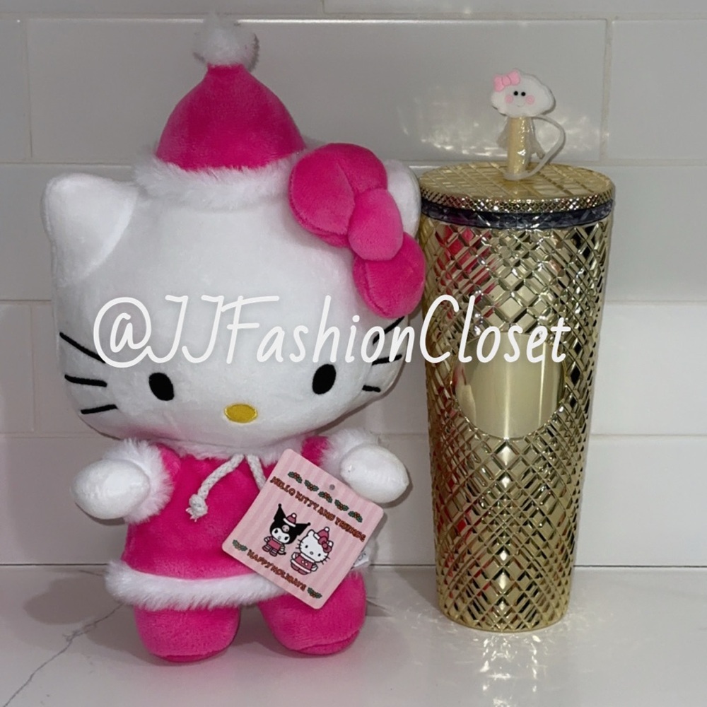 Hello Kitty  pink Holliday Plush and Gold Tumbler Set